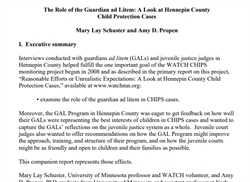 [ai] A document titled 'The Role of the Guardian ad Litem: A Look at Hennepin County Child Protection Cases' by Mary Lay Schuster and Amy D. Propen. It includes text about interviews with guardians and juvenile justice judges.